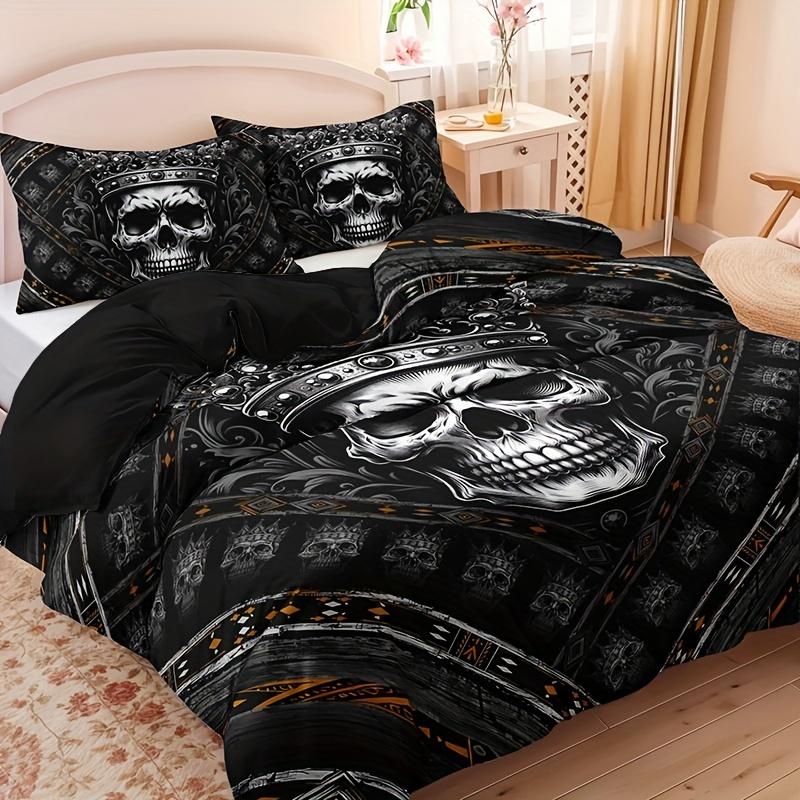 3pcs Skull Crown Pattern Duvet Cover Set, 100% Polyester, Breathable All-Season Bedding, Machine Washable, Digital Print