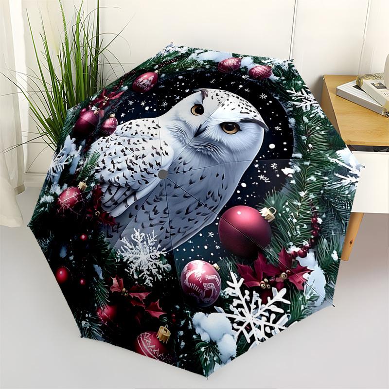 1pc Snowy Owl Festive Christmas Ornament with Automatic Opening Folding Design, 3-Fold Iron Frame Outdoor Umbrella, Perfect Gift for Fans, Travelers,