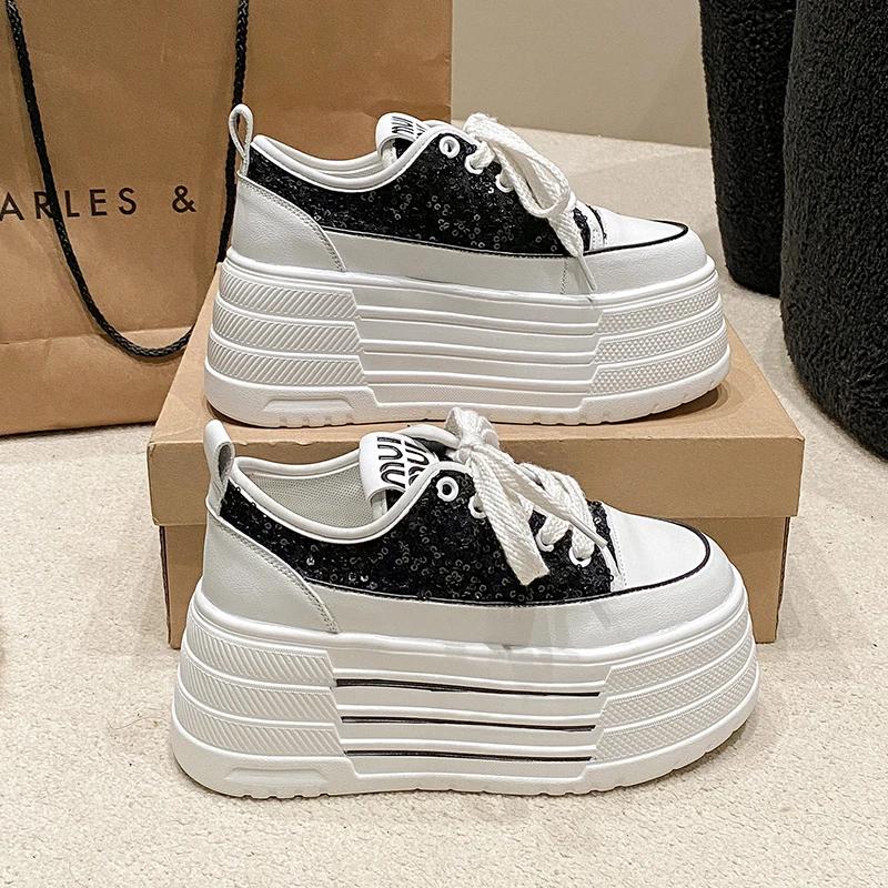 Fashion Bling Leather Flats Casual Dad Shoes Chunky Sneakers Women Platform Sports Shoes Ladies Skateboard Hidden Heels Shoes Tennis