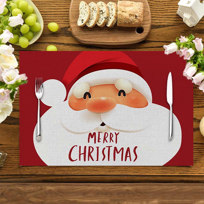 Nordic Christmas Santa Elk Linen Placemat Square, Festive Restaurant Table Decoration