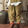 Johnature Women Plaid Straight Pants Spring Elastic Waist Vintage Loose All Match Cotton Linen Pockets Trouser