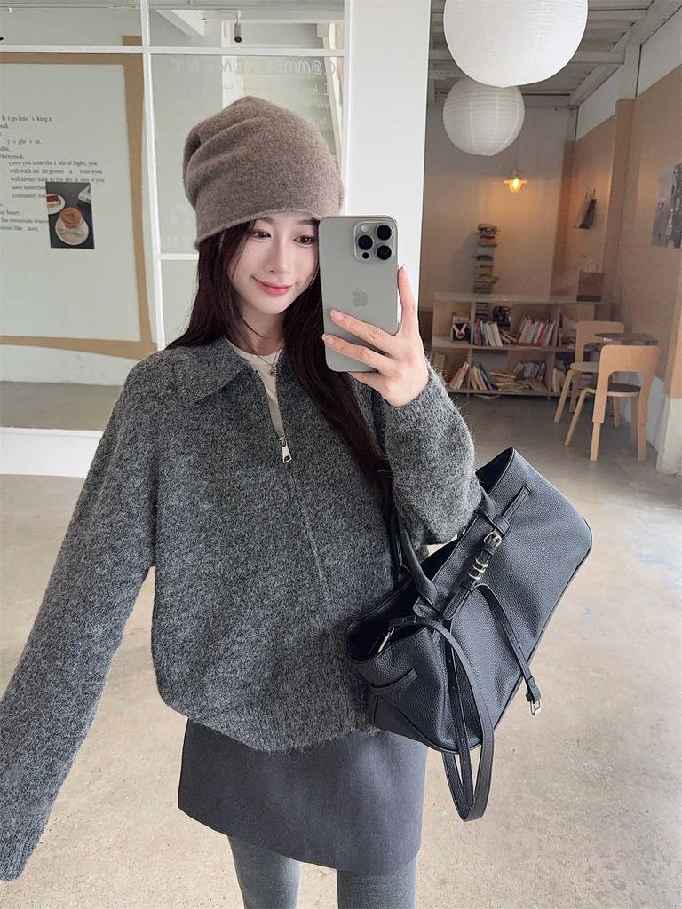 Commuter Versatile Relaxation Knitted Top Cardigan Women's Autumn and Winter Zipper Olo Collar Stacked Casual Sweater Jacket