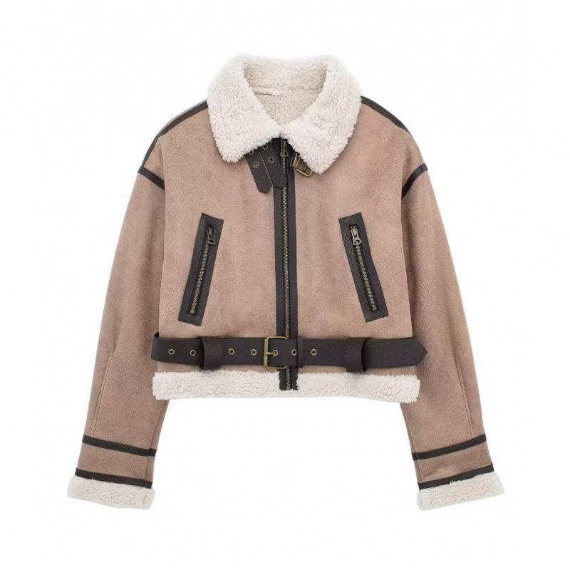 

1 шт. Женская модная толстая теплая куртка из искусственной овчины, пальто в винтажном стиле с длинным рукавом и поясом, женская верхняя одежда L