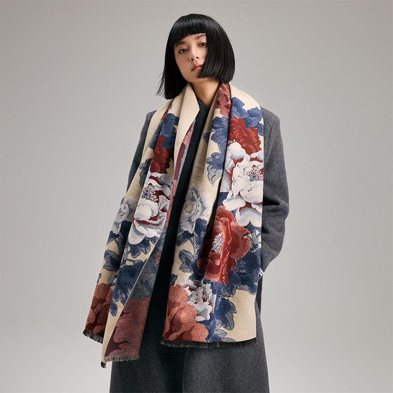 Vintage Flower Jacquard Scarf, Elegant Soft Warm Fringe Shawl Autumn Winter Coldproof Windproof Blanket Scarf