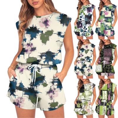 Women's Jumpsuit Floral Print Spring Summer Cap Sleeves Adjustable Drawstring Waist Comfortable Casual Short Jumpsuit With Pockets