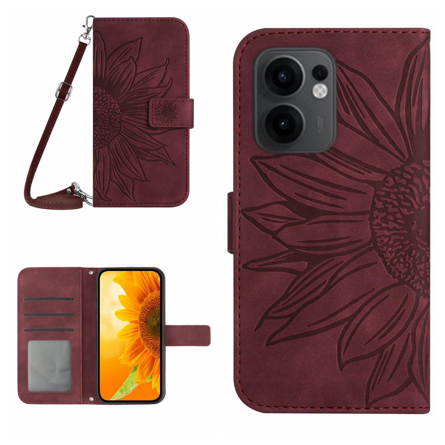 

For Oppo Reno13 F 4G/5G Case Sunflower Imprint PU Leather Phone Cover with Long Strap Wine Red