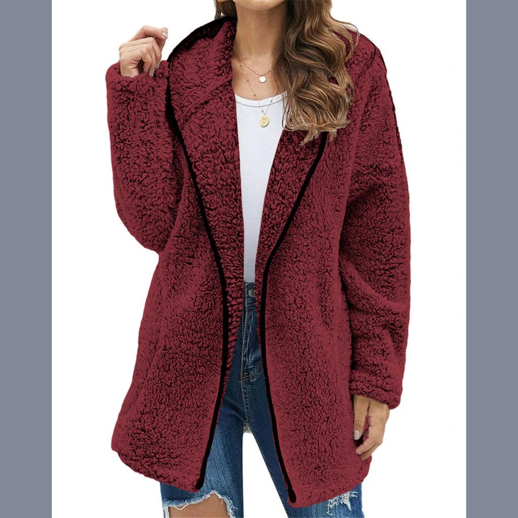 Autumn and Winter Casual Solid Colour Lapel Hooded Long-sleeved Women Plush Sweater Fleece Jacket
