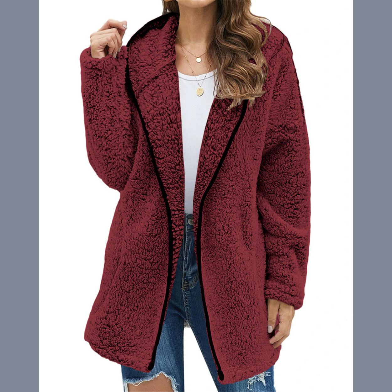 Осень и Зима Повседневный Однотонный Лацкан С Капюшоном С Длинным Рукавом Женский Плюшевый Свитер Флисовая Куртка XXXL 2898₽