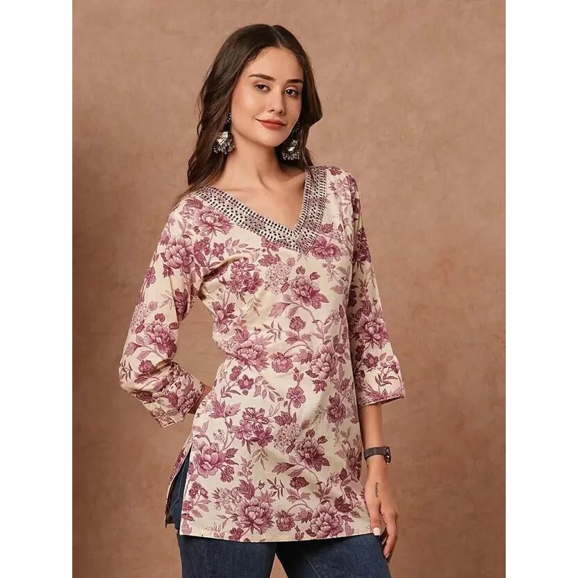 Top Curta Reto de Viscose Estampada Feminino Top Túnica Festa Indiana Paquistanesa SC-2146