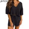 BITCED Spring and Summer Women's Short-sleeved V-neck Top Shorts Home Two-piece Suit