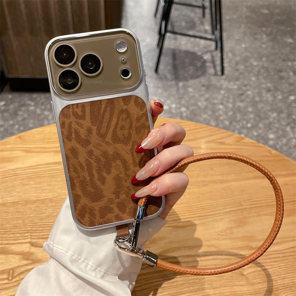 Luxury Wrist Strap Leather Lanyard Leopard Pattern Phone Case For iPhone 17 16 15 14 Pro Max 17Pro Full Lens Protection Cover