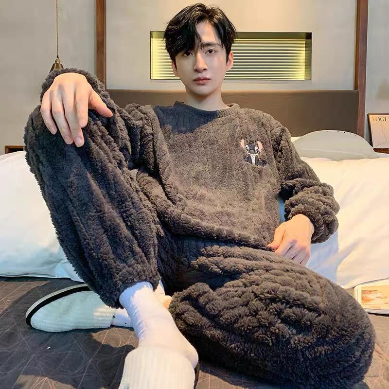 Men's pajamas coral fleece autumn and winter warm home leisure suits can be worn outside plush loungewear men's