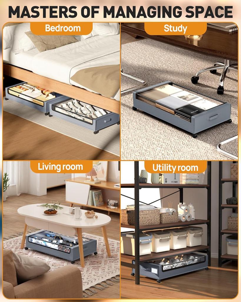Under Bed Storage With Wheels, 2 Pack Square Containers, 60L Bins, Rolling Metal Drawer for Clothes, Blankets, Shoes