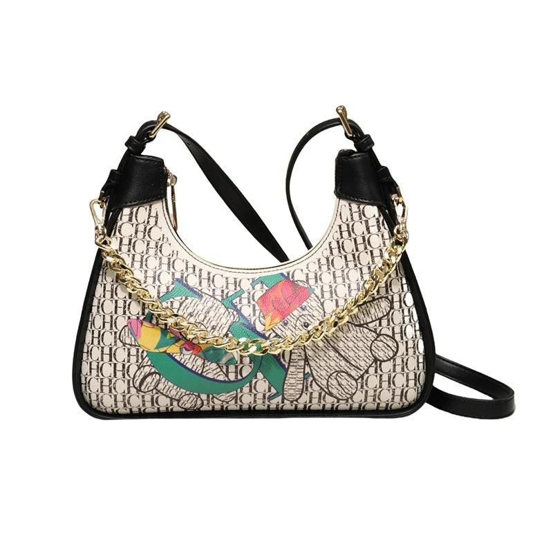 Simple Solid Color Women's Shoulder Bag Commuter Chain Tote Trendy Bent Moon Bag Cute Animal Printing Design Large Capacity
