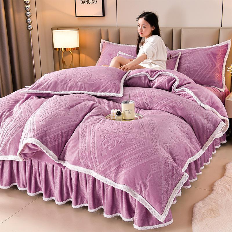 Class A Maternal And Infant Grade High-Gram Carved Fleece Milk Fleece Bed Skirt4-Pcs Set, Winter Double-Sided Fleece Quilt Cover