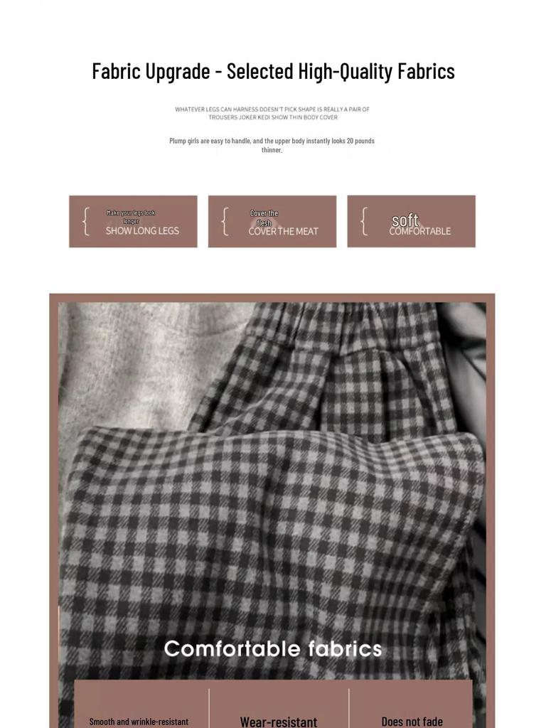 Women's High-Waisted Black Plaid Woolen Wide-Leg Pants - Fleece-Lined, Retro-Casual for Autumn/Winter