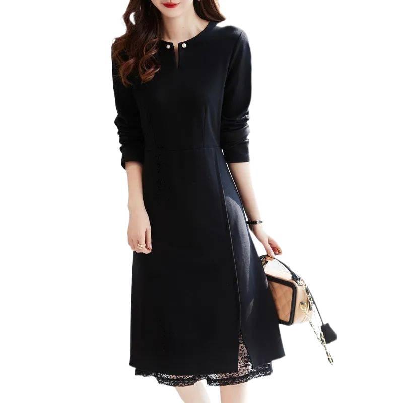 Plus Size Women's Mid-Length Black Dress with Lace Patchwork - Slimming Waist, Perfect for Spring, Autumn, and Winter