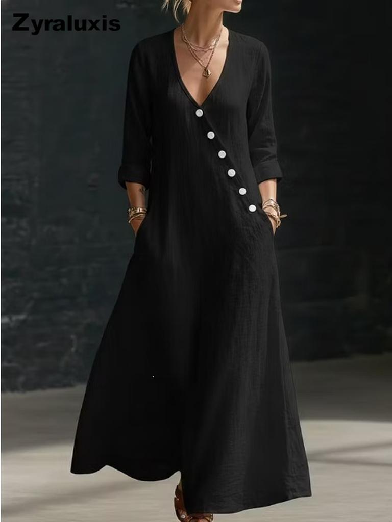 TikTok Summer Lazy Style V-Neck Pleated Swing A-Line Resort Maxi Dress Women One-Piece Long Dress