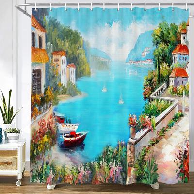 Natural Landscape Shower Curtain Decor Waterproof Fabric Bathroom Curtains Painting Forest Seaside Scenery Bath Screen with Ho