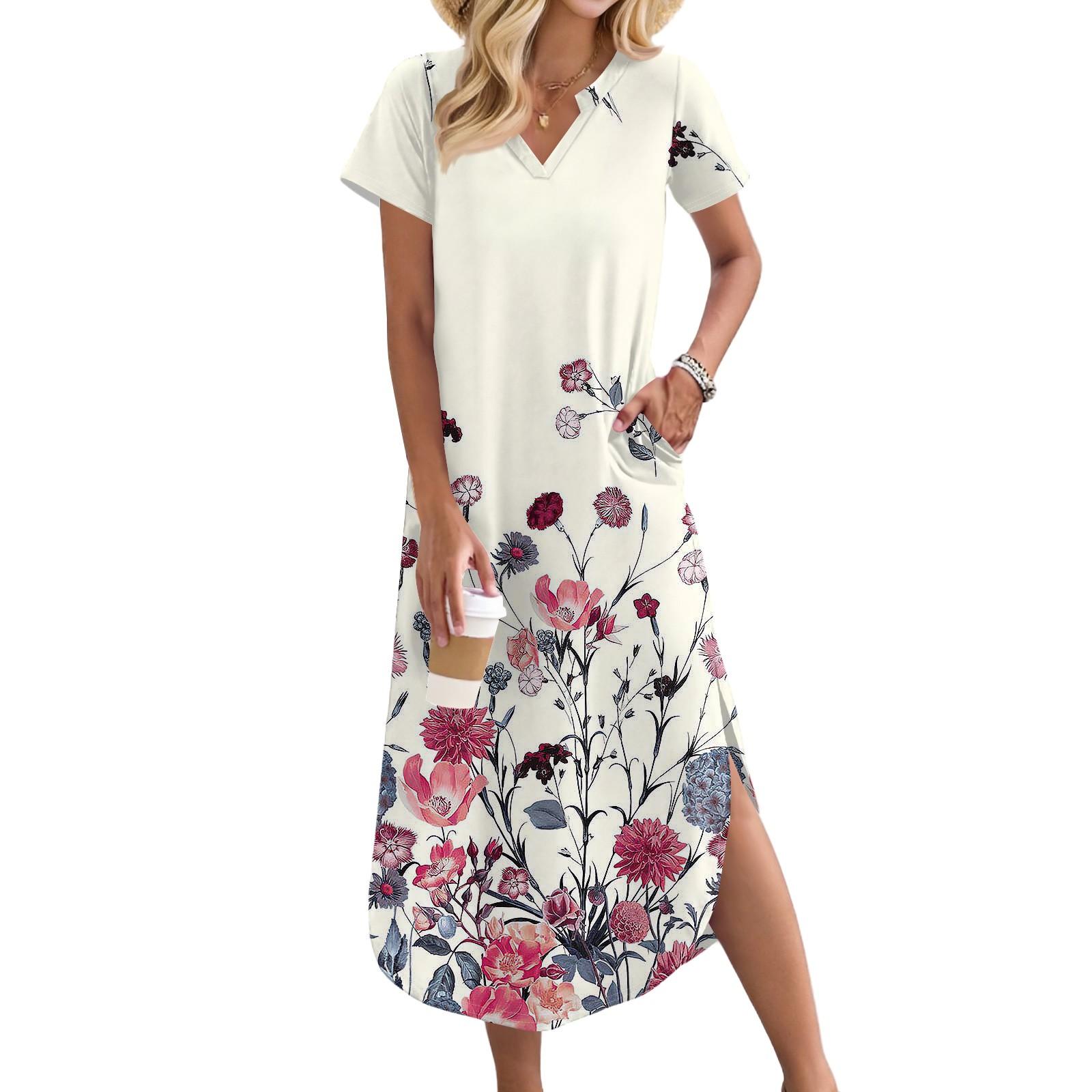 

Women s Long Skirt Casual V-neck Long Shirt Dress Loose Slit Holiday Short Sleeve Dress L темно-синього кольору