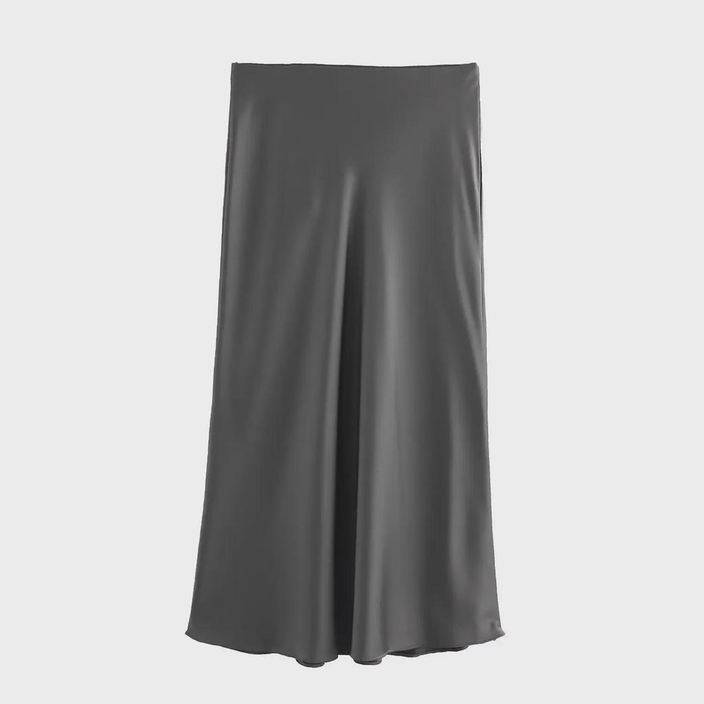 "2024 Vår/Sommar Satintexturerad Högmidjekjol för Kvinnor - Europeisk & Amerikansk Stil, Enfärgad, Lång Längd"