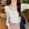 Small Short Sweet and Spicy Style U-neck Slim and Thin Long-sleeved T-shirt Women's Autumn Solid Color Versatile Bottoming Top