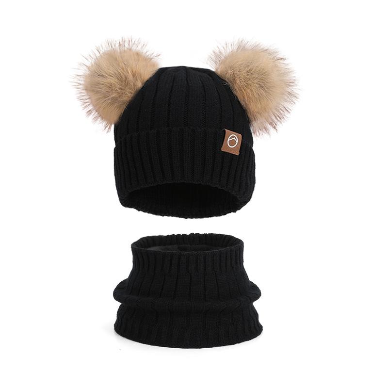 Children's hats Outdoor warm three-piece set Boys and girls fleece ear protector pullover hat Cute hairball knitted wool hat