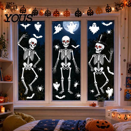 Thick PVC Window Sticker 3Pcs Halloween Skeleton Glass Stickers, Waterproof Clings, Static Decals, Wear-resistant Cling Removable Stickers