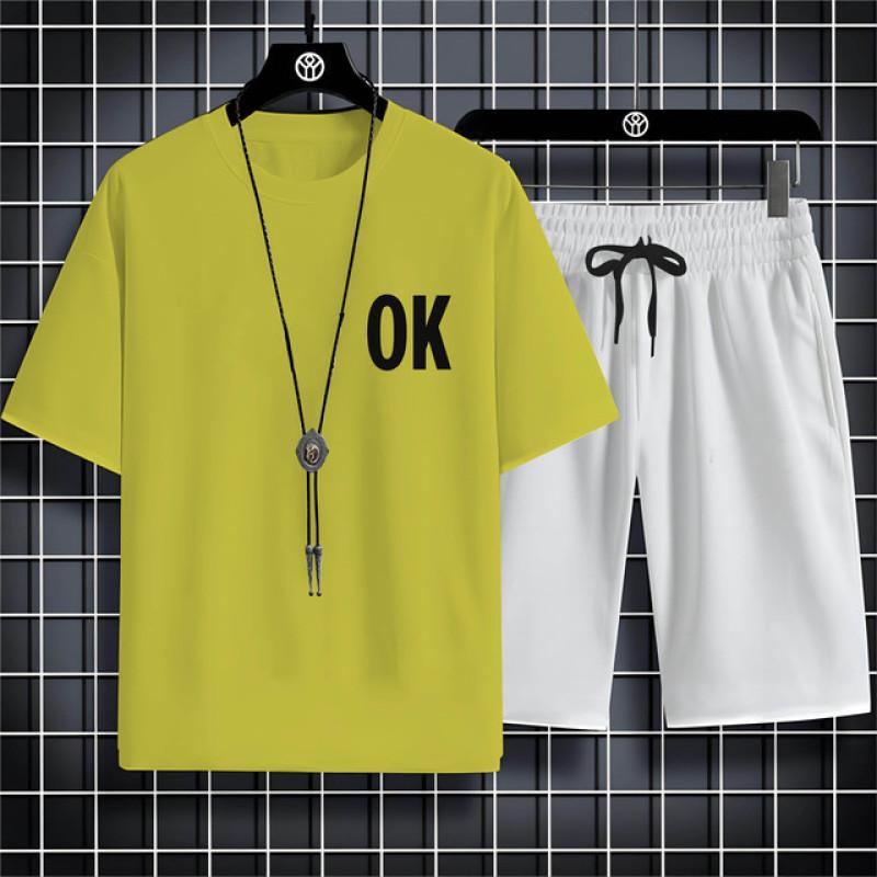 Summer Fashion Casual Sports Style Alphabet Ok Printed Men'S Round Neck Short Sleeve T-Shirt Drawstring Shorts Beach Suit