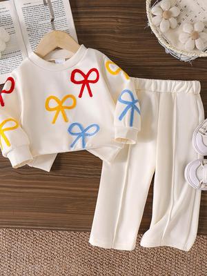 Autumn 2025 Girls' Cute Bow Apricot Hoodie & Pants Set