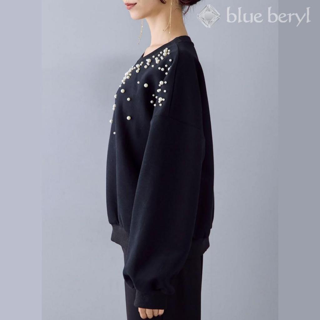 Pearl Sweatshirt Volume Round Loose [Blue Beryl] [Limited Stock] [Blue Beryl] Women's Pullover, Sleeves, Neck, Off-the-Shoulder, Fit, Black,
