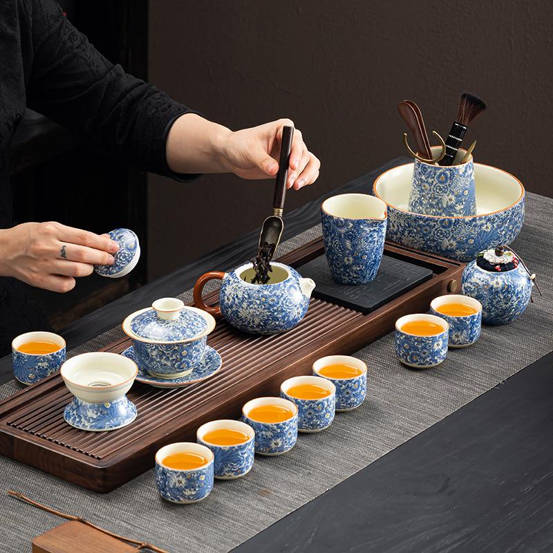Flower tea set High-end set Household Ru kiln Kung Fu complete set of tea set Cover bowl Living room Tea business