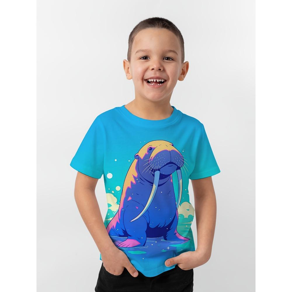 New Boys' 3D Digital Print T-Shirt, Wave/Shark/Sea Lion Design, Short-Sleeve Breathable, Perfect for Outdoor Activities Hot Sale