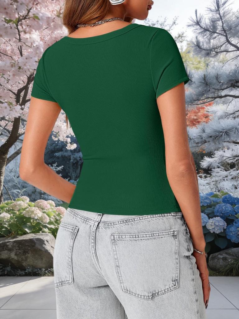 Womens Ribbed Scoop Neck T Shirt Slim Fit Short Sleeve Basic Summer Top