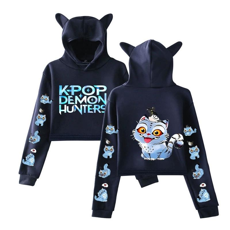 KPop Demon Hunters Derpy Tiger Cropped Hoodies Women Long Sleeve Hooded Pullover Crop Tops Casual Streetwear Clothes