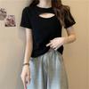 Women's Crew Neck Short Sleeve Cutout Crop Top Slim Fit Korean Casual Solid Color Pullover T Shirt Cute Summer Daily Blouse