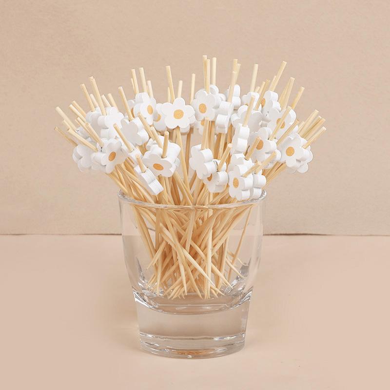 100Pcs Daisy Flower Disposable Bamboo Food Picks Dessert Fruit Forks Kids Birthday Party Wedding Supplies Baby Shower Decoration