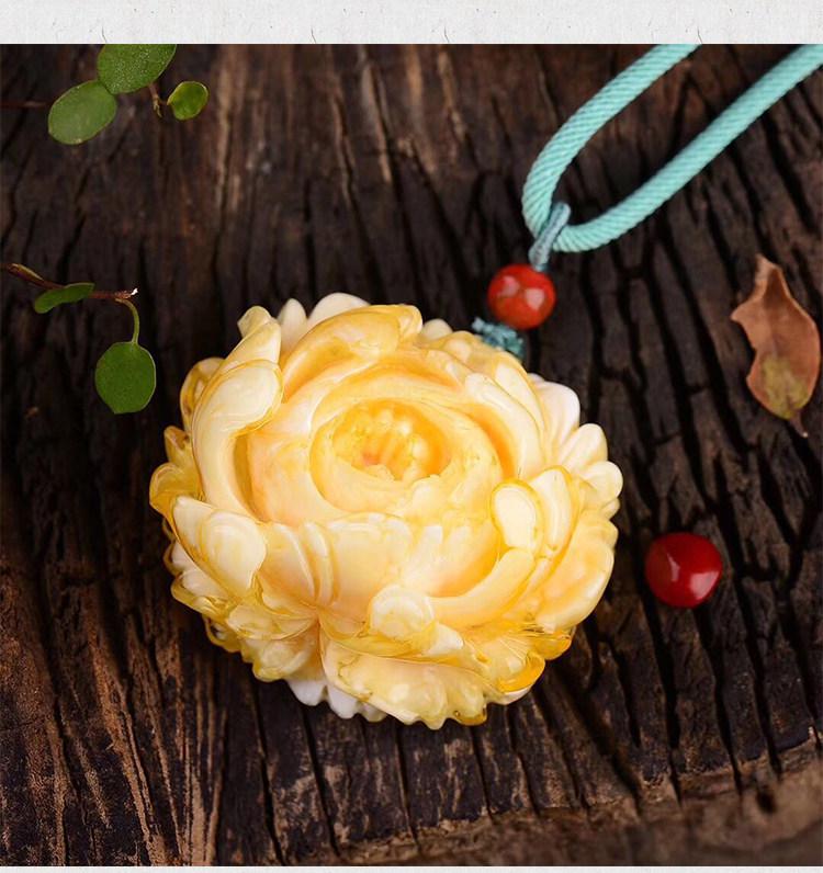 Women's White Flower Amber Pendant: Second Gen Peony, Rose & Beeswax Design In Yellow