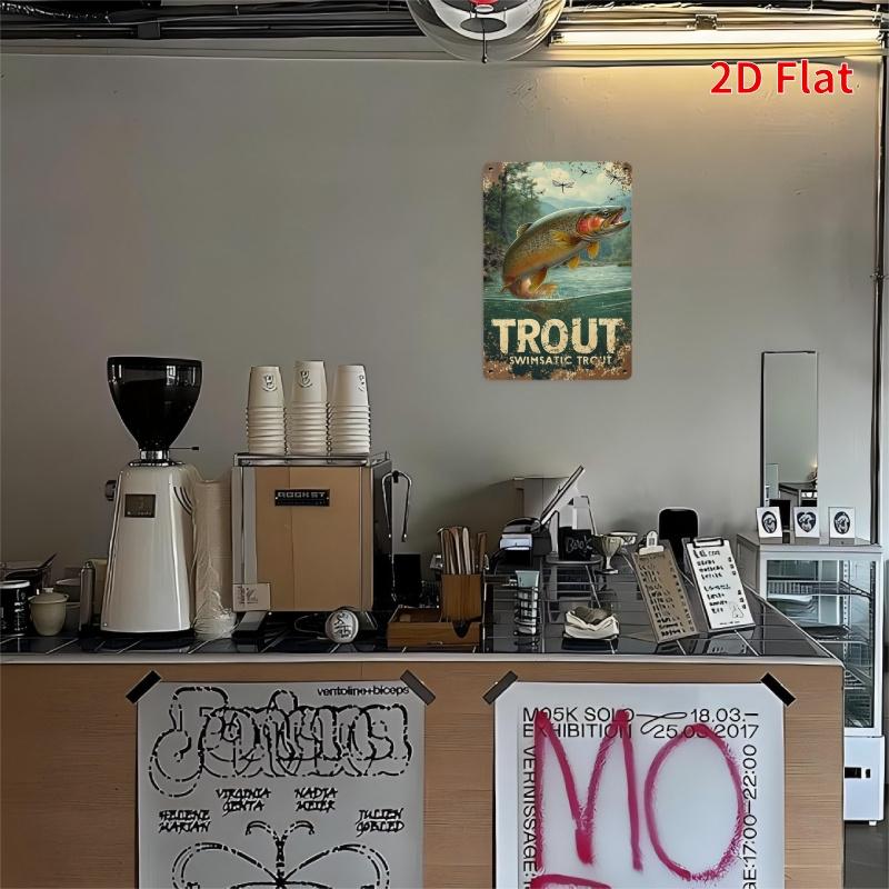 2D Flat, Fun and Inspiring Quotes, Retro Rectangular Iron Metal Wall Art- Trout Jumping Pattern, Retro Design, Country Home and