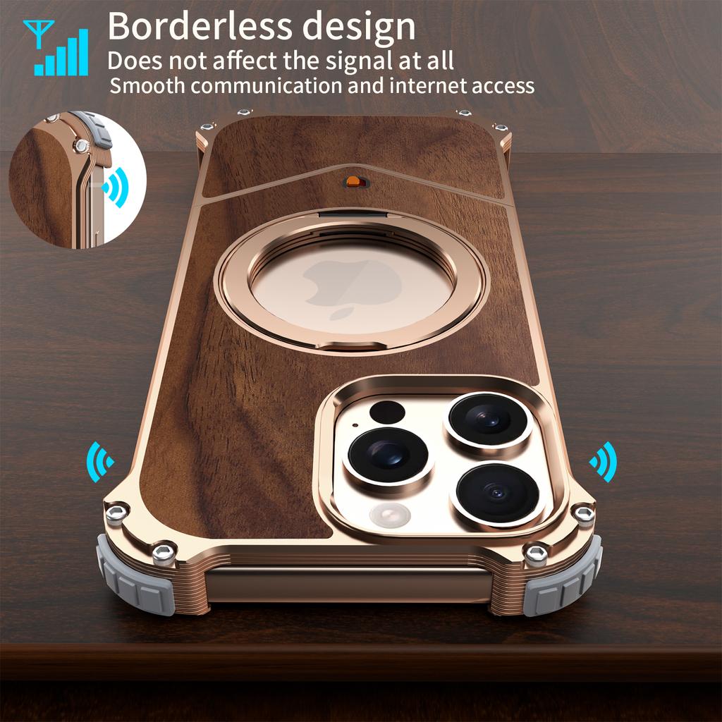 For iPhone 13 Pro Max Case Wood Covered Metal Boardless Phone Back Cover with Kickstand