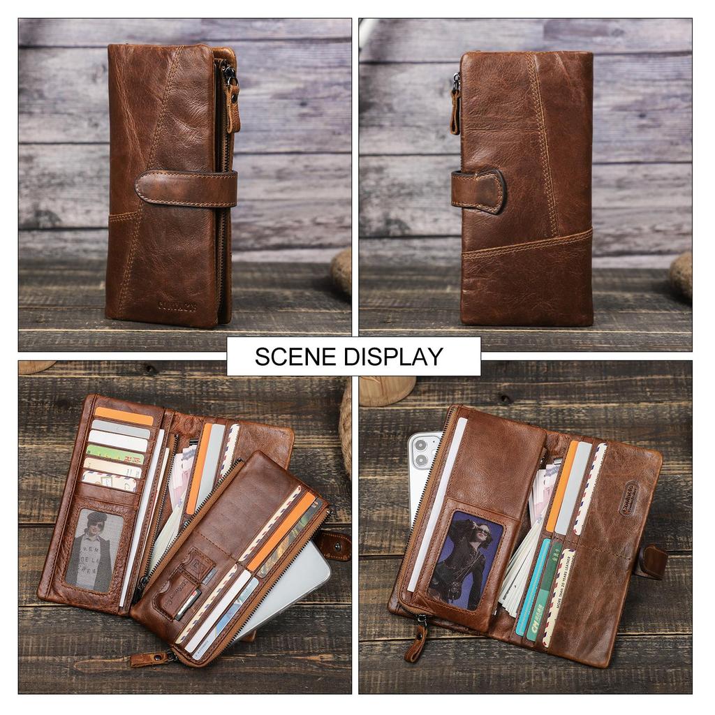 CONTACT'S Genuine Leather Men Long Wallet Phone Bag Zipper Coin Pocket Purse Male Clutch Wallet