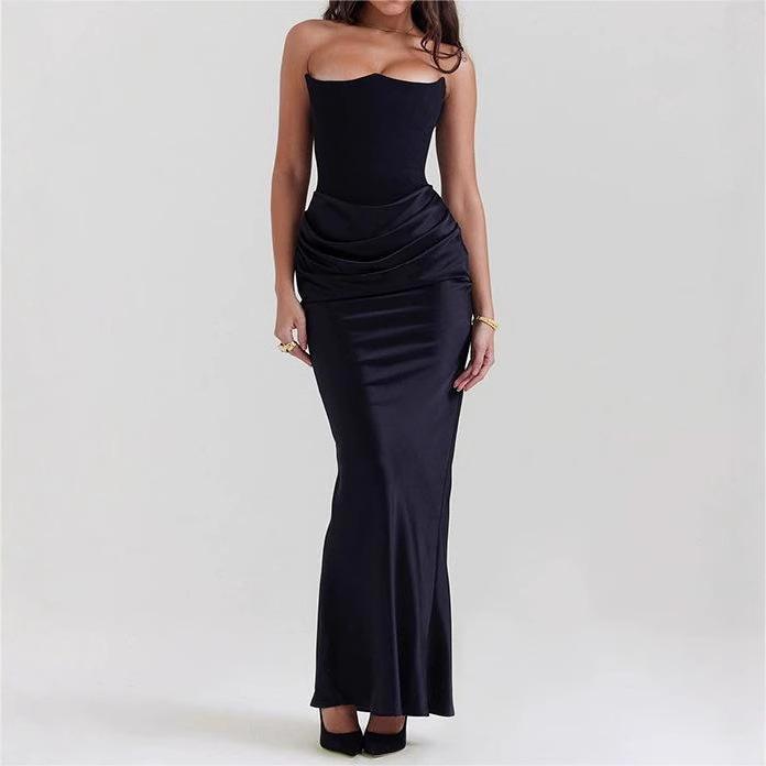 women's Solid Color Strapless Ruched Bodycon Maxi Dress Sexy Sleeveless Evening Party Mermaid Gown