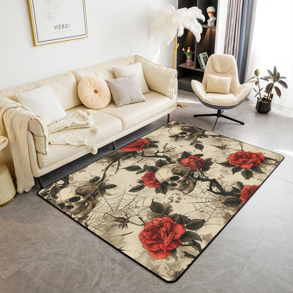 Erosebridal Moth Skull Moon Area Rug 4'11" X 3'3" Bohemian Stars Exotic Living Room Rugs Starry Sky Mysterious Decorative Carpet Black and W