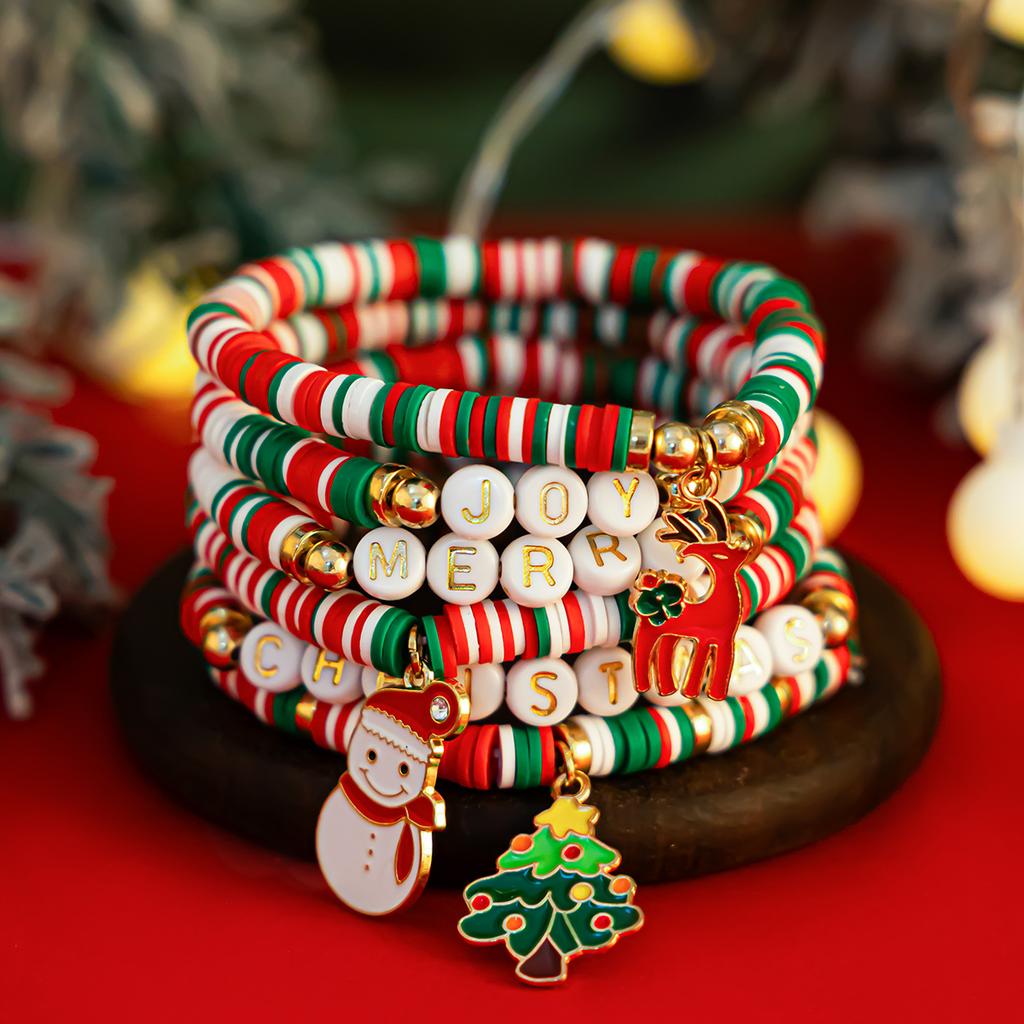 SHIXIN 6Pcs/Set Merry Christmas Letter Bracelets for Women Cute Christmas Tree Snowman Elk Pendant Bracelet Elastic Rope Bangle