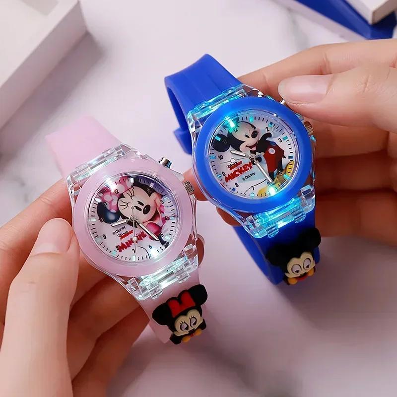 Disney שעון ילדים אופנתי מיני מאוס פנס הבזק לילדים דמות מצוירת בובה מתנות יום הולדת לבנים ובנות