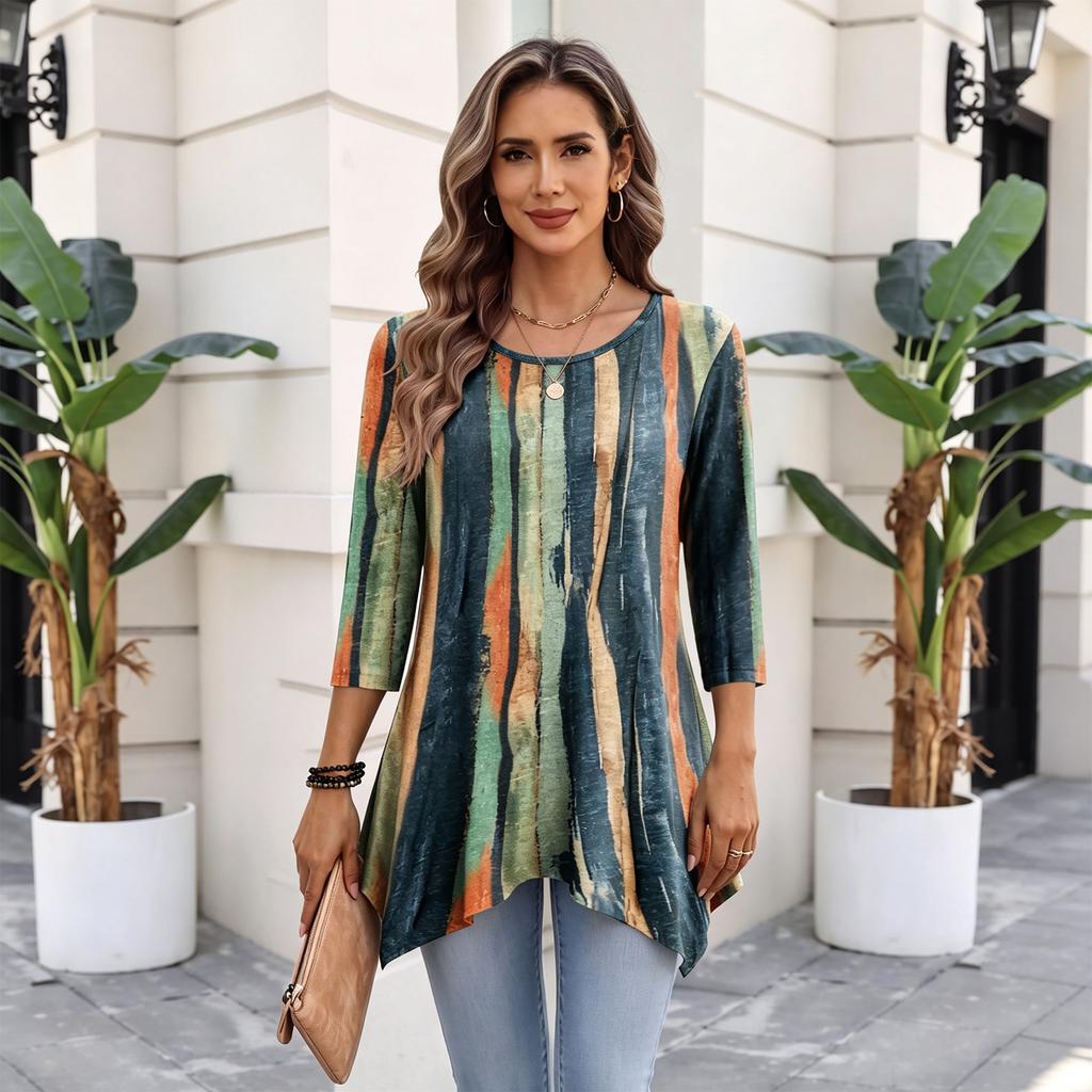 Women's Three-Quarter Sleeve Casual Pullover Top for Daily Wear