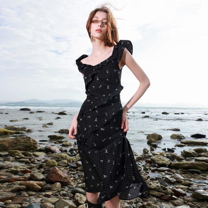 SanCai 2026 Spring Ruffle A-Line Polka Dot Long Dress