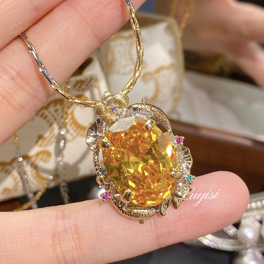 Retro French Court Style Pisces Lotus Pendant & Earrings Set with Yellow Diamond & Color Gem Ring for Women