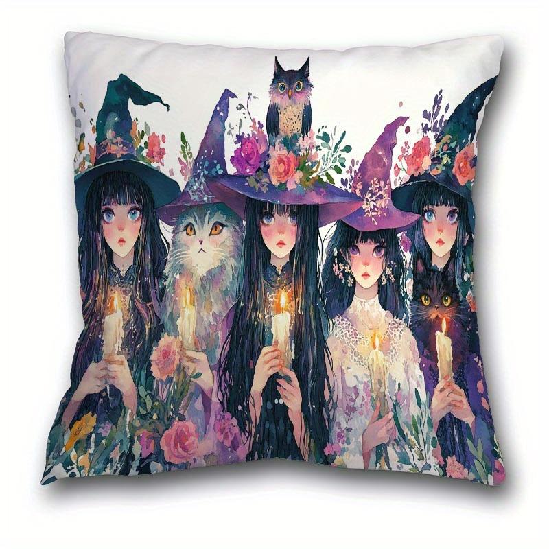 Bohemian Witch & Cat Pillow Cover 2D Printed Polyester Sofa Cushion Case – Vintage Floral Magic Decor For Halloween