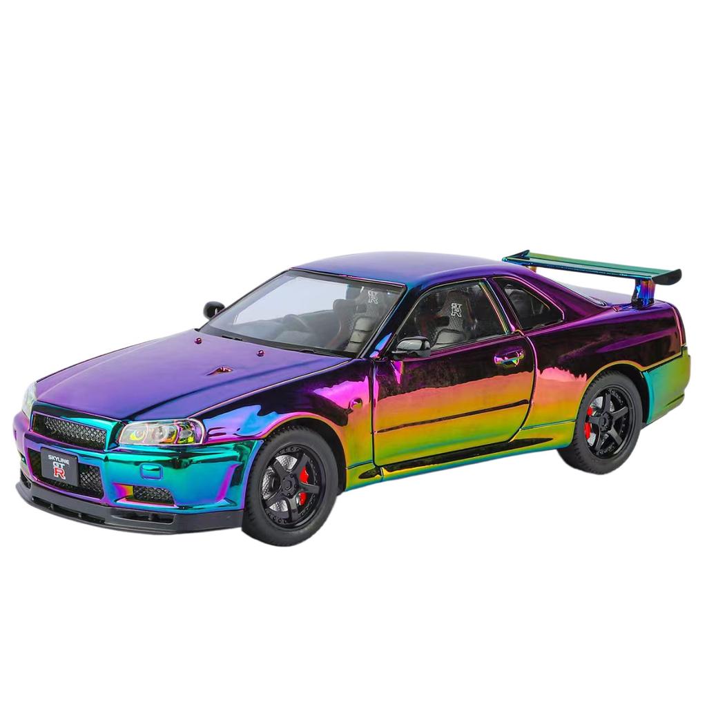 1/24 Nissan Skyline GT-R GTR R34 Alloy Electroplated Sports Car Model Diecast Metal Racing Car Vehicles Model Sound Light Kids Toy Gift